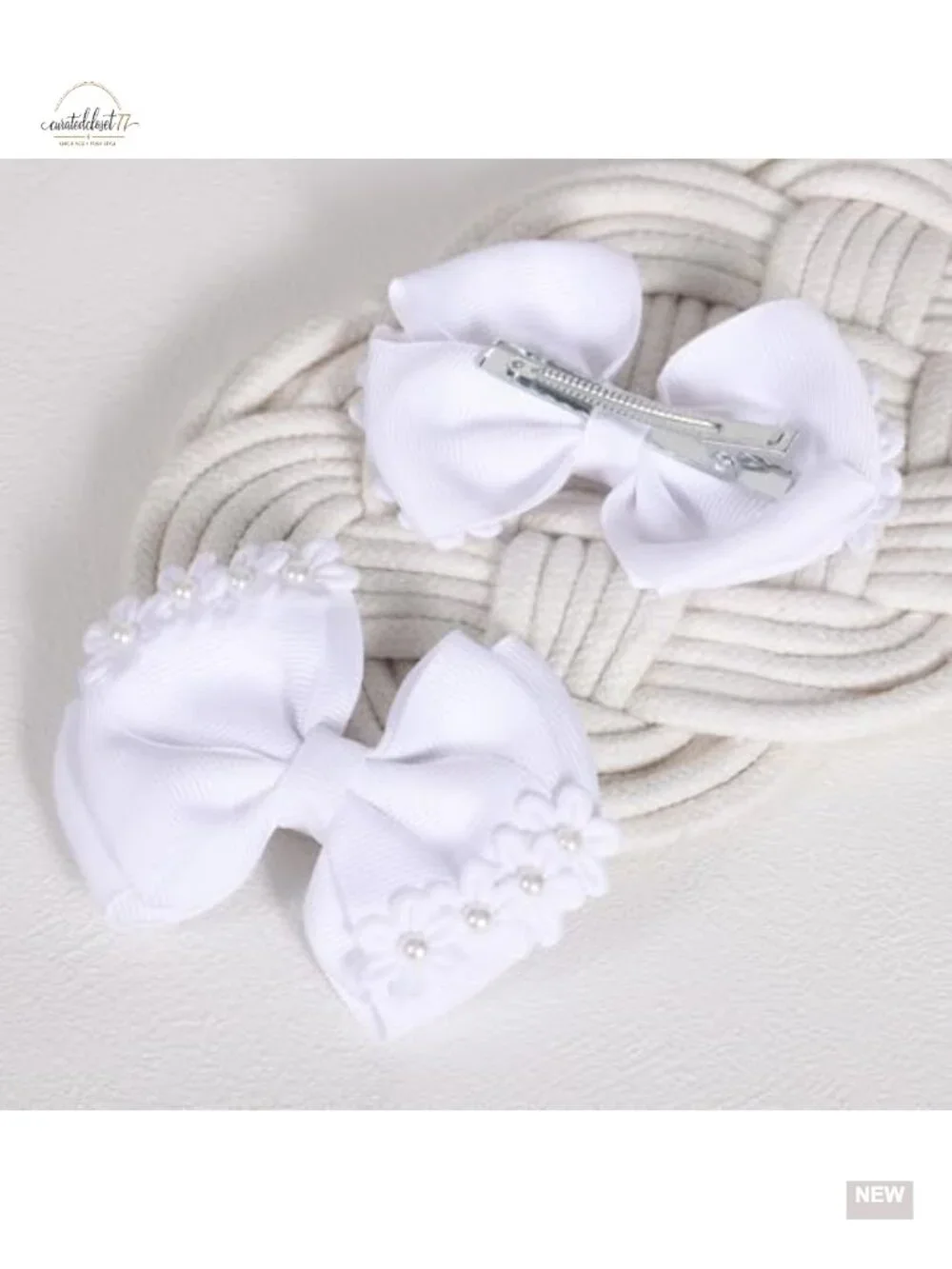 Handmade Pearl Flower Hair Bows with Alligator Clips - 2 Pack